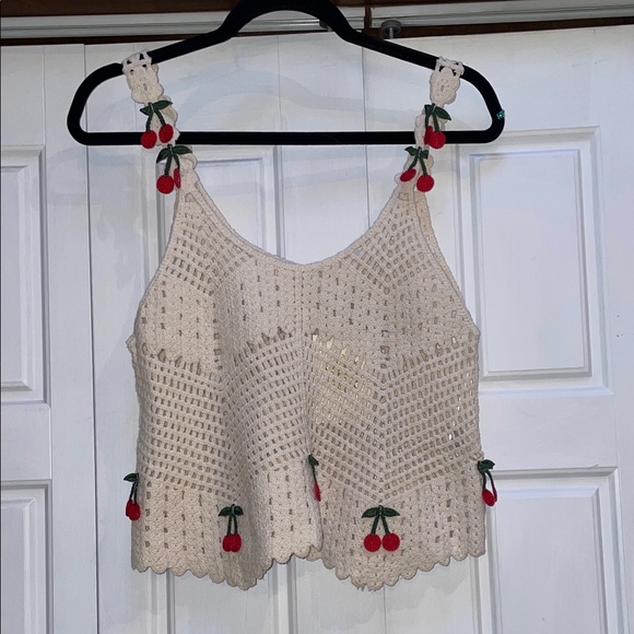 Rebellion Tops - Rebellion Cream Crochet Crop Top with Red Cherry Accents